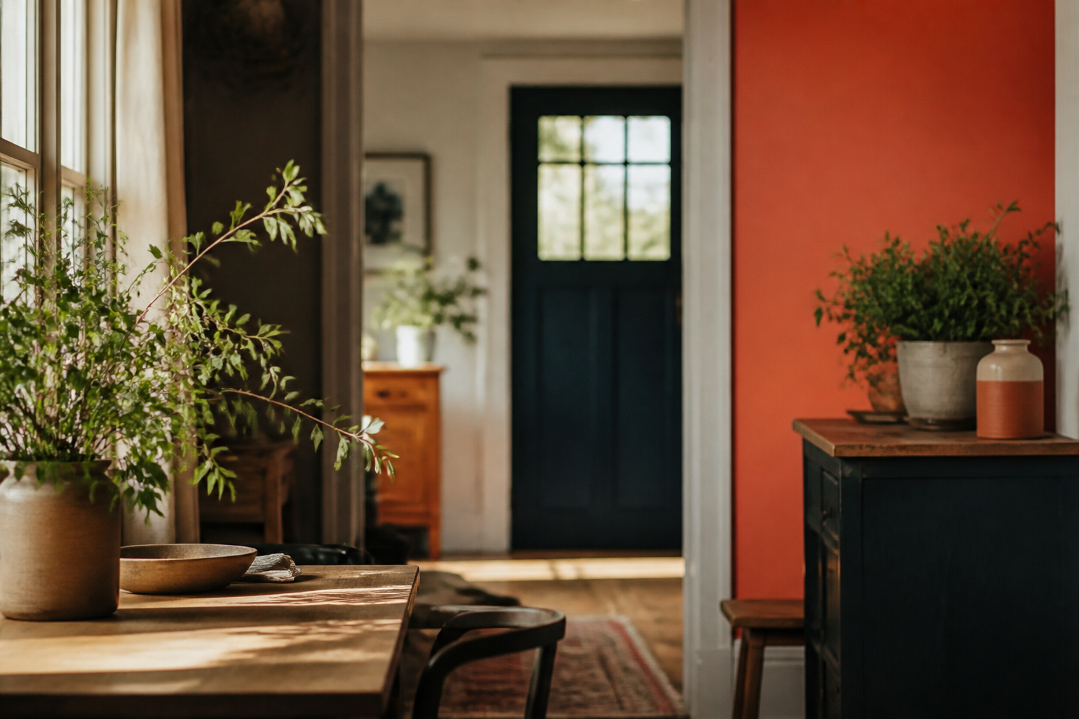 A calm, carefully kept household scene with cleaning tools and natural details